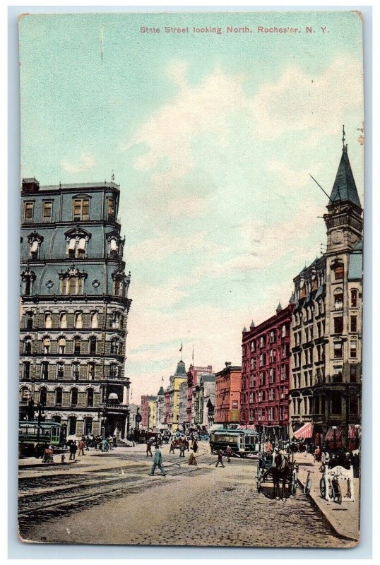 1910 State Street Looking North Streetcar Carriage Rochester New York Postcard