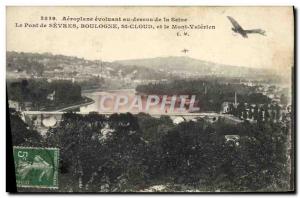 Old Postcard Jet Aviation Airplane evolving over the Seine the bridge of Sevr...