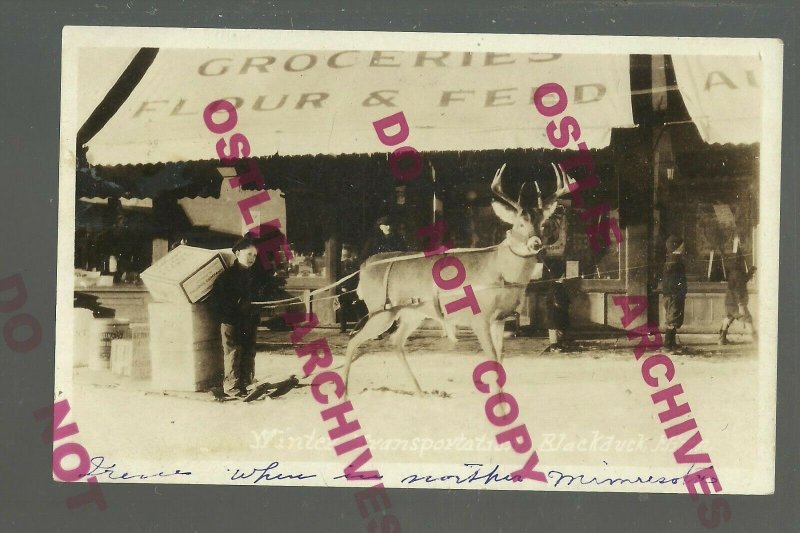 Blackduck MINNESOTA RPPC c1920 DEER SLED Main Street GENERAL STORE Kid CHRISTMAS