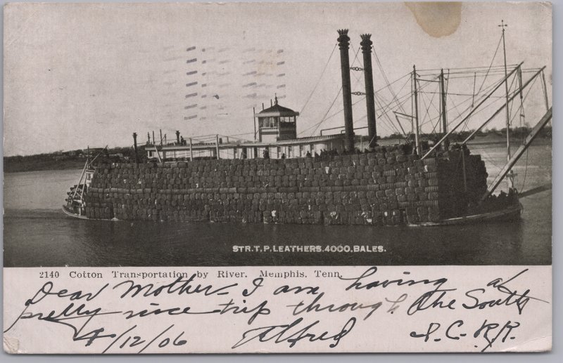 Memphis, Tenn., Cotton Transport. by River, Str. T. P. Leathers, 4000 Bales-1906