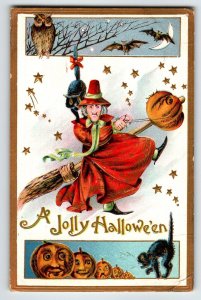 Halloween Postcard Fantasy Witch Black Cat Gold Stars Bats Moon Owl Goblins 2040