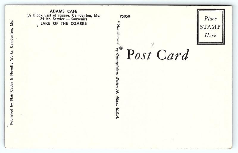 Postcard MO Camdenton Adams Cafe Restaurant 1950's Old Cars Ozarks B29