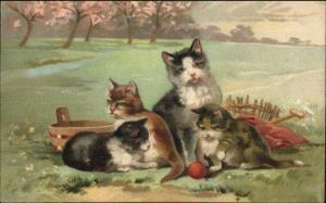 Kitty Cats in Grass Basket & Ball c1910 Embossed PFB Postcard EXC COND