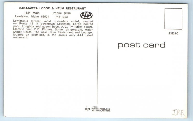LEWISTON, ID Idaho ~ Roadside SACAJAWEA LODGE Helm Restaurant c1960s  Postcard