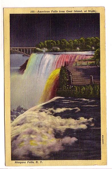 American Falls from Goat Island w Coloured Lights at Night, Niagara Falls, Ne...