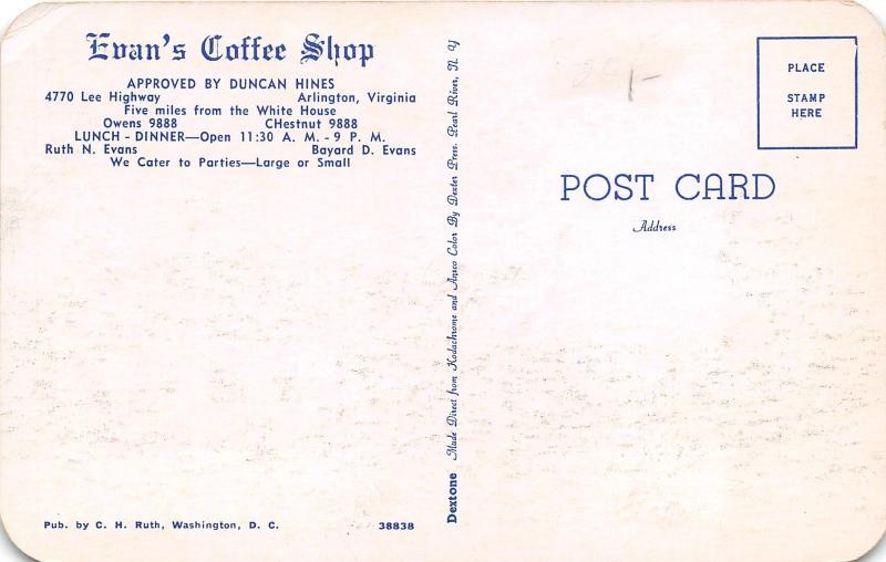 Arlington Virginia~Evans Coffee Shop along Lee Highway~Roadside~1950s Postcard