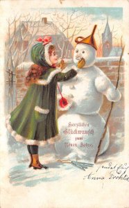 Christmas Greetings Girl Building Snowman Vintage Postcard AA84030