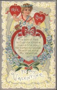 Valentine - Cupid w/ TRUE LOVE Hearts c1910 Postcard