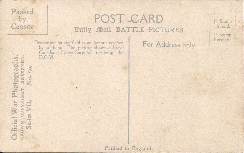 WWI Canadian Soldier Awarded Medal on Battlefield 1915 Censor Official War Photo