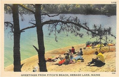 Fitch's Beach, Sebago Lake, Maine Greetings c1940s Linen Vintage Postcard 