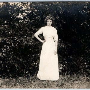 c1910s A Cute Cross Eyed Girl RPPC Outdoor Portrait Corset Dress Real Photo A213