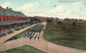 Vintage Postcard 1911 Old Stone Barracks Army on Drill Plattsburgh New York NY