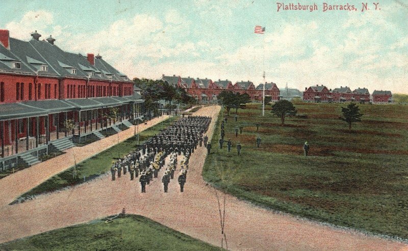 Vintage Postcard 1911 Old Stone Barracks Army on Drill Plattsburgh New York NY