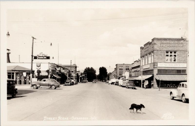 Street Scene Okanogan WA Dog Schalow's Standard Gas Ellis 2053 RPPC Postcard E46