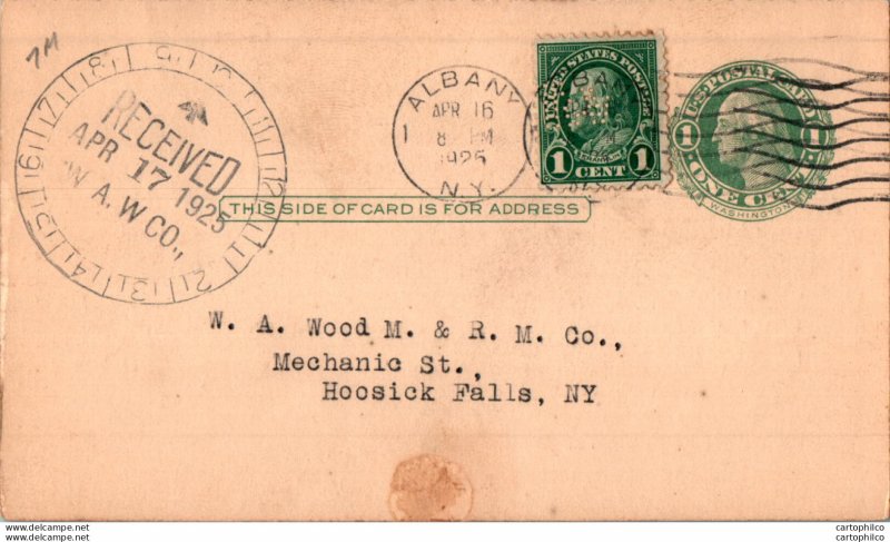 US Postal stationery 1c Albany Prefin to Hoosick Falls 1925