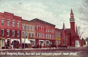 EAST HAMPTON, MA., TOWN HALL and METHODIST CHURCH, MAIN STREET 1909
