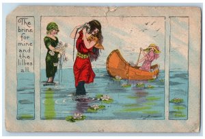1916 Girls Canoeing Boat River Lilies Flowers Des Moines Iowa IA Posted Postcard