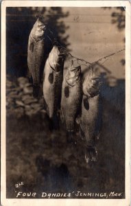 Real Photo Postcard Four Dandies Fishing Catch in Jennings, Michigan
