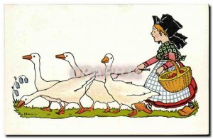 Old Postcard Fantasy Illustrator Child Alsace Hansi Geese
