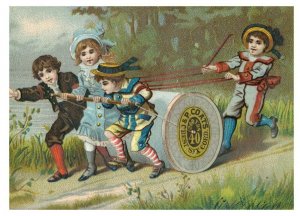 1880's Lovely Kids Playing, Giant J & P Coats Spool Victorian Trade Card P117