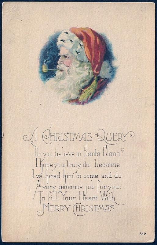 'Christmas Query...' Santa Smoking Pipe Unused c1920s