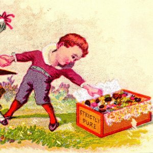 No Advertising Boy Girl Strictly Pure Candy Box Trade Card 1880s Bonnet Litho C4