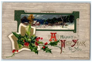 1913 Happy New Year Holly Berries John Winsch Artist Signed Madison CT Postcard