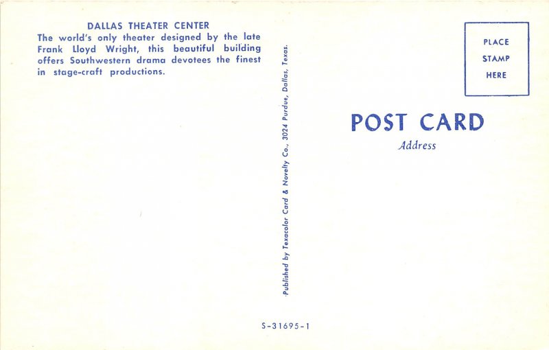 Dallas Texas 1960s Postcard Dallas Theatre Center by Frank Lloyd Wright