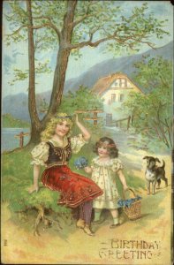 Pretty Girl & Little Sister - Dog - Gold Embossed c1910 Birthday Postcard