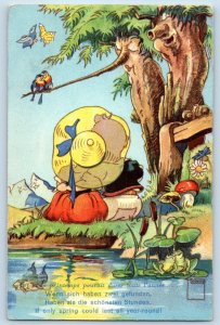 Fantasy Postcard Girl Big Hat Birds And Butterfly Flowers c1910's Antique