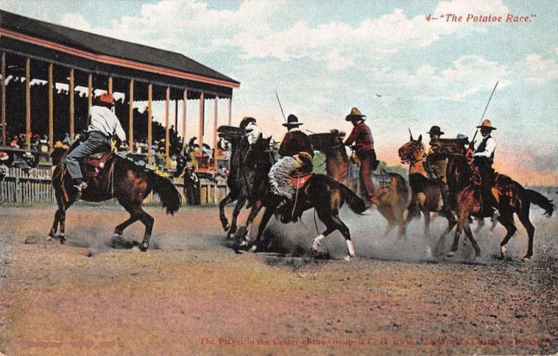 Cowboys on horses participating in The Potatoe Race antique pc Z22380