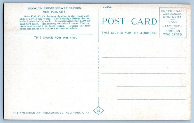 1910's BROOKLYN BRIDGE SUBWAY STATION NYC AMERICAN ART CO POSTCARD #72/SERIES