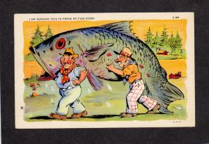 Fishing Fish Exagerration Postcard Fish Story Comic Vintage Linen Postcard PC