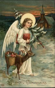 CHRISTMAS Angel w Deer & Toys c1910 Embossed Postcard
