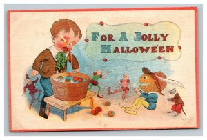 Vintage 1900's Halloween Postcard Boy Bobbing for Apples Scary Dolls Watching
