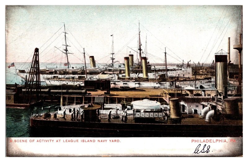 Antique A Scene of Activity at League Island Navy Yard, Boats, Philadelphia, PA