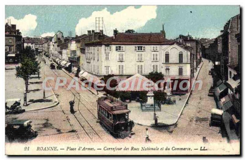 Old Postcard Roanne Place Carrefour Arms National Streets and Commerce