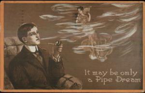 Romance Man Thinks of Woman Sees Her in Pipe Smoke Smoking Postcard