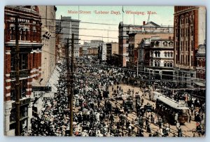 1910 Winnipeg Manitoba Canada Postcard Main Street Labour Day Streetcar Building