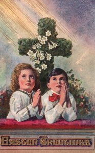 Vintage Postcard 1910's Happy Easter Children Cross Prayers Holiday Greetings