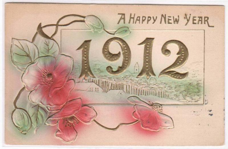 New Year Date 1912 air brushed gold embossed postcard