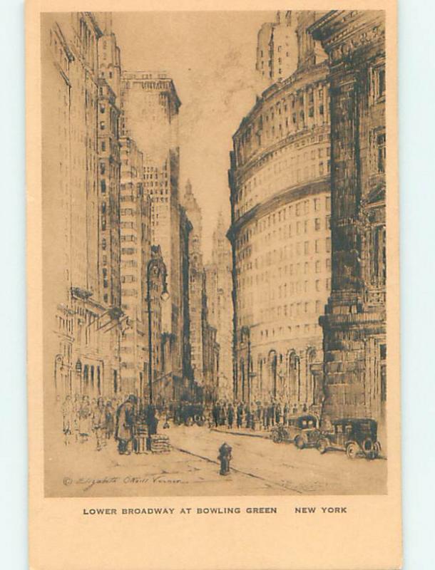 1930's artist signed LOWER BROADWAY AT BULLING GREEN New York City NY hs3414