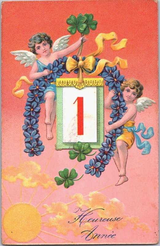 Happy New Year Angels 1 January Vintage Postcard 09.56 