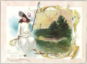 1880's Lovely Cute Girl Summer Scene Net Lion Coffee Trade Card &N