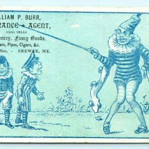 c1870s Brewer ME William Burr Insurance Trade Card Creepy Jester Clown Joker C10