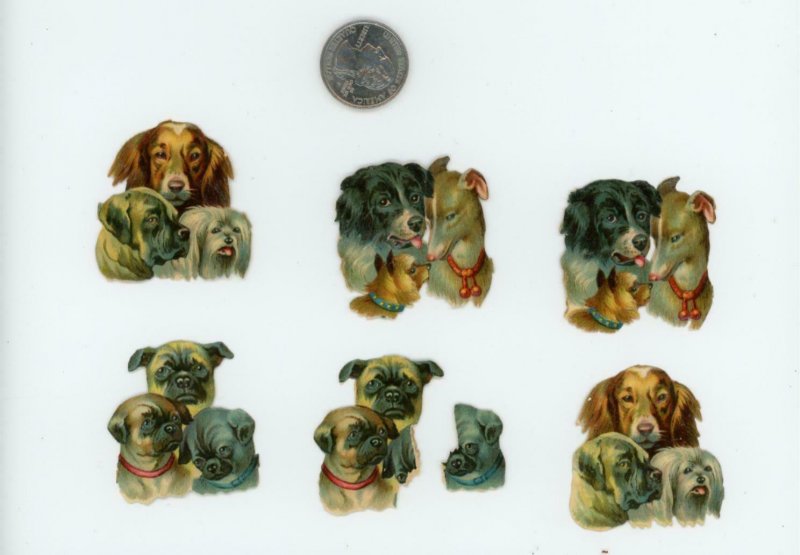 1880's Lot of 6 Cute Dogs Pugs Die Cut Victorian Scrap X194 
