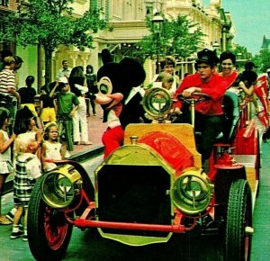 Vtg Chrome Postcard Walt Disney World 1970s Mickey Mouse Riding Down Main Street