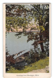 Muskegon Michigan MI Postcard 1919 Nature Scene Water Canoe Greetings