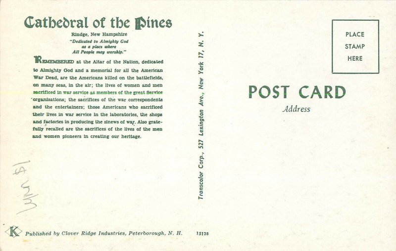 Postcard Cathedral Of The Pines, All People May Whorship, Rindge, NH