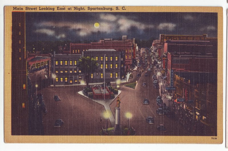 P1246 old unused postcard main st. autos etc night spasrtanburg south carolinia